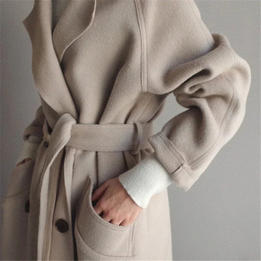 Long Elegant Coat for Women – Stylish Warm Outerwear with Belted Design