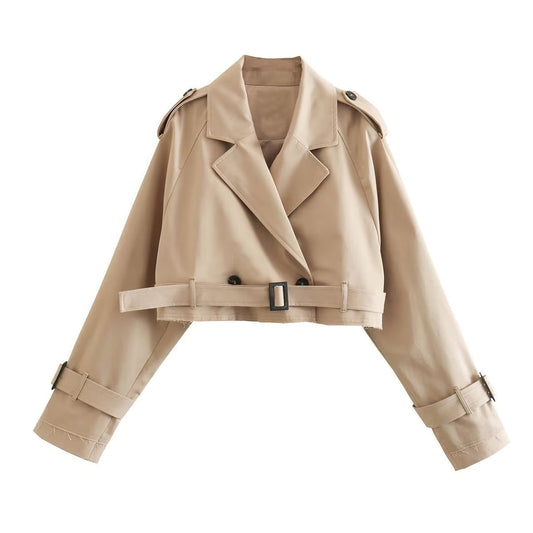 Trendy Beige Trench Coat for Women – Stylish Short Outerwear for Fall