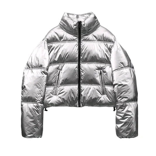 Winter Jacket Women – Metallic Quilted High Collar Coat for Cold Weather